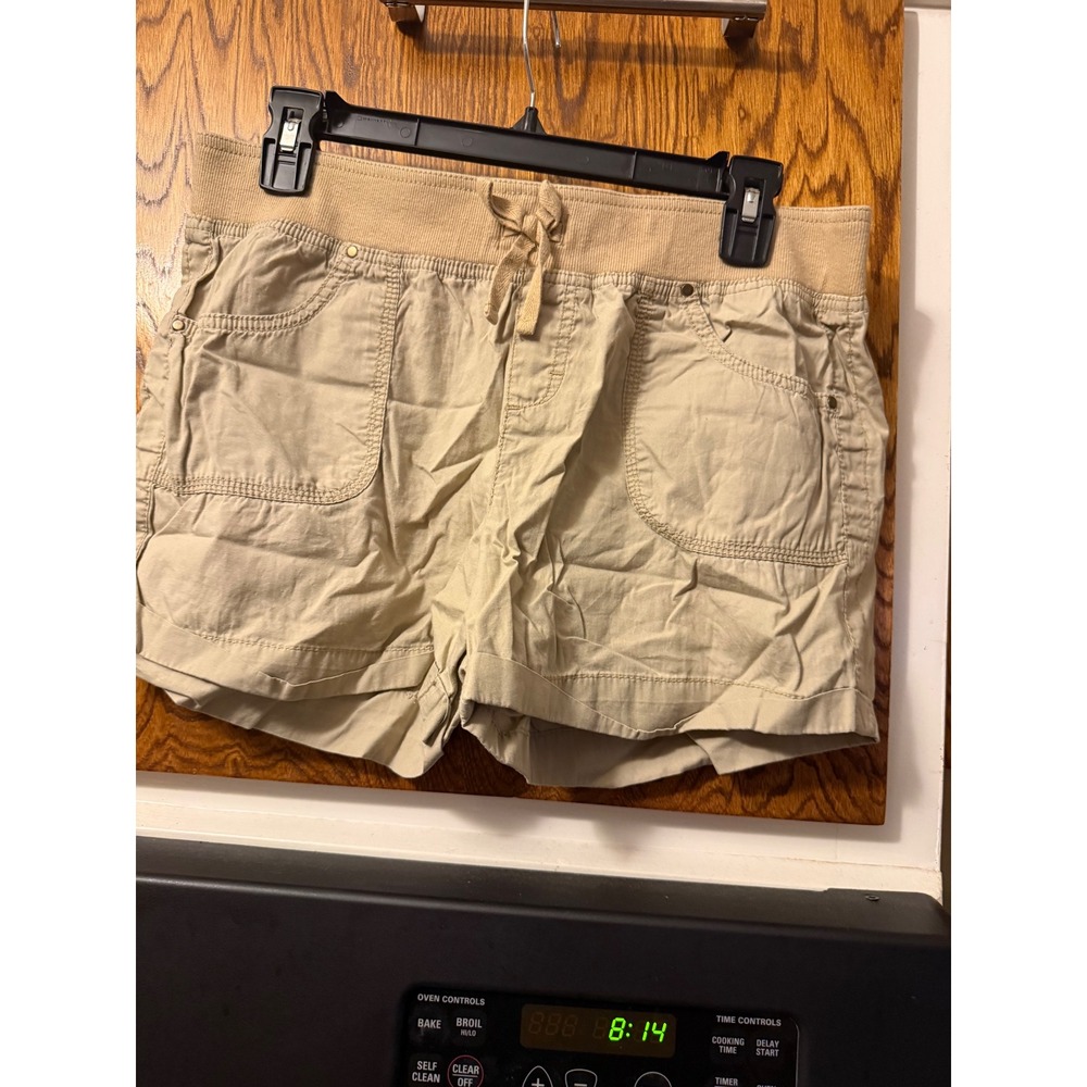 Arizona Jean Co Khaki Shortie Utility Shorts Womens 16.5 Plus Elastic Waist Tan - Picture 1 of 6